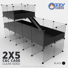 Load image into Gallery viewer, Ozzy Cages 2x5 C&C Enclosure - Clear Sided - C&C Guinea Pig Cage - Black - Loft - Stand