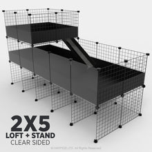 Load image into Gallery viewer, Ozzy Cages 2x5 C&C Enclosure - Clear Sided - C&C Guinea Pig Cage - Black - Loft - Stand