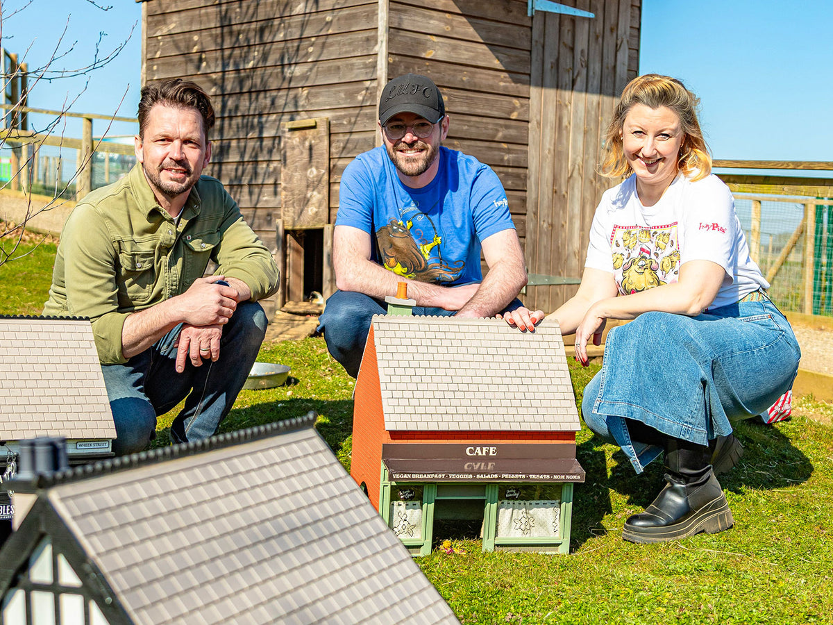 Jimmy Doherty with Rik and Helen Cridland in the Guinea Pig Village at Jimmy's Farm & Wildlife Park