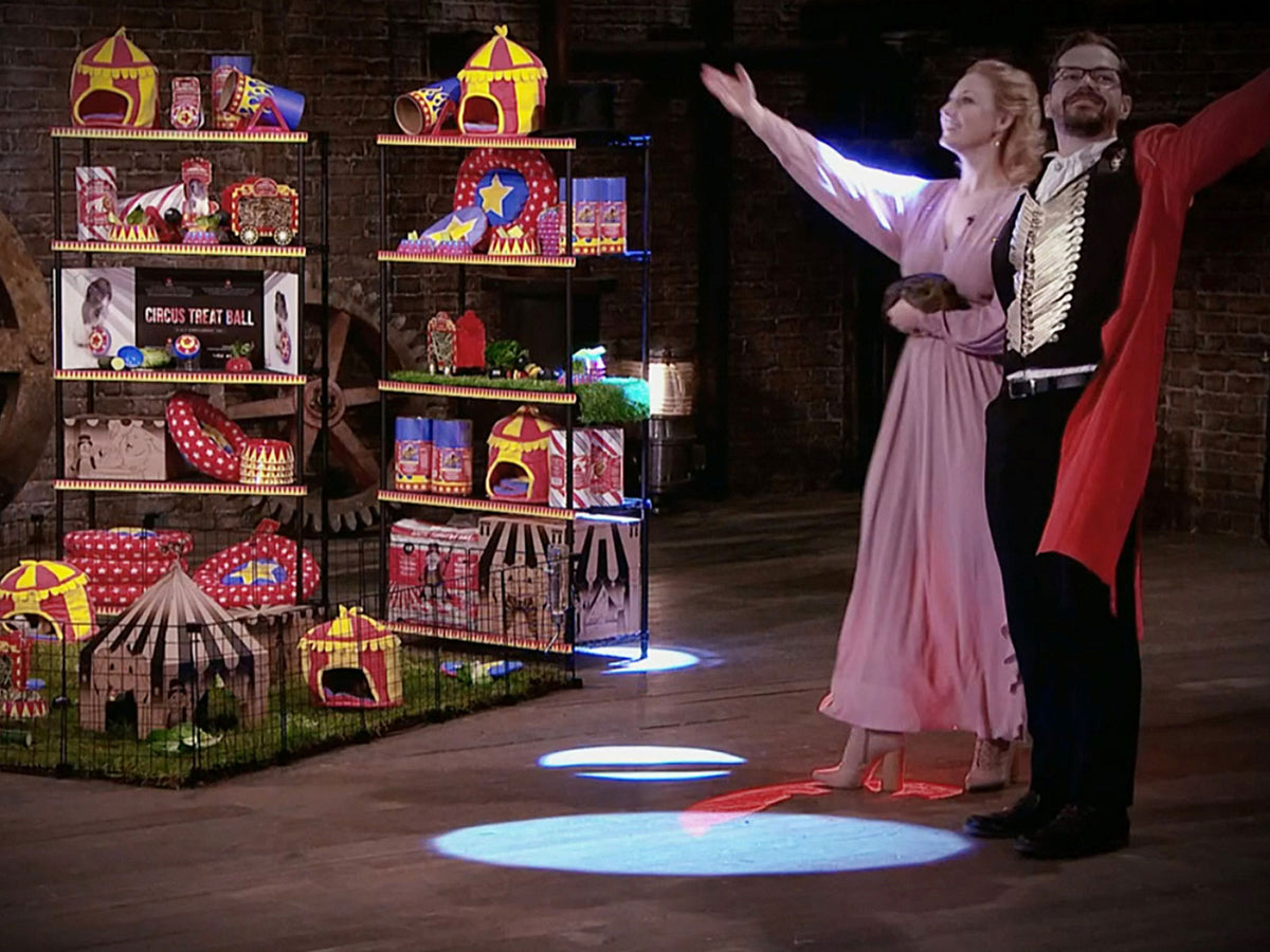 Rik and Helen Cridland appearing on BBC One Dragons' Den, beside the HayPigs! product display