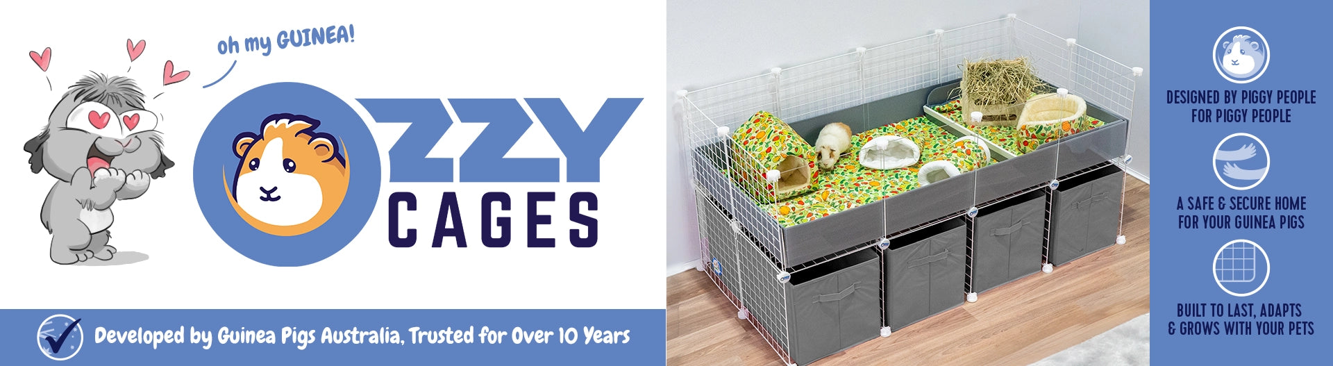 Banner for Ozzy Cages featuring a guinea pig in a cage with stand and accessories.