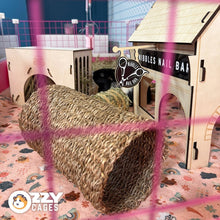 Load image into Gallery viewer, A black and white guinea pig inside a Pink 2x4 Ozzy Cages C&amp;C Guinea Pig Enclosure with clear sides, pink grids. In the foreground is Nibble Nail Bar, a wooden guinea pig house. 
