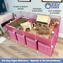 Load image into Gallery viewer, Infographic showing some of the benefits of a Pink 2x4 Ozzy Cages C&amp;C Guinea Pig Enclosure. Shown with clear sides, pink grids, a stand and storage boxes. Also features an Ozzy Kitchenette litter tray. Two guinea pigs play inside with enrichment toys, tunnels and hides. 
