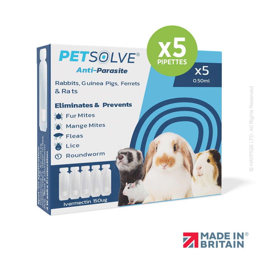 Petsolve Anti-Parasite - Small Animals (Rabbits, Guinea Pigs, Rats and Ferrets) - 5 pipettes